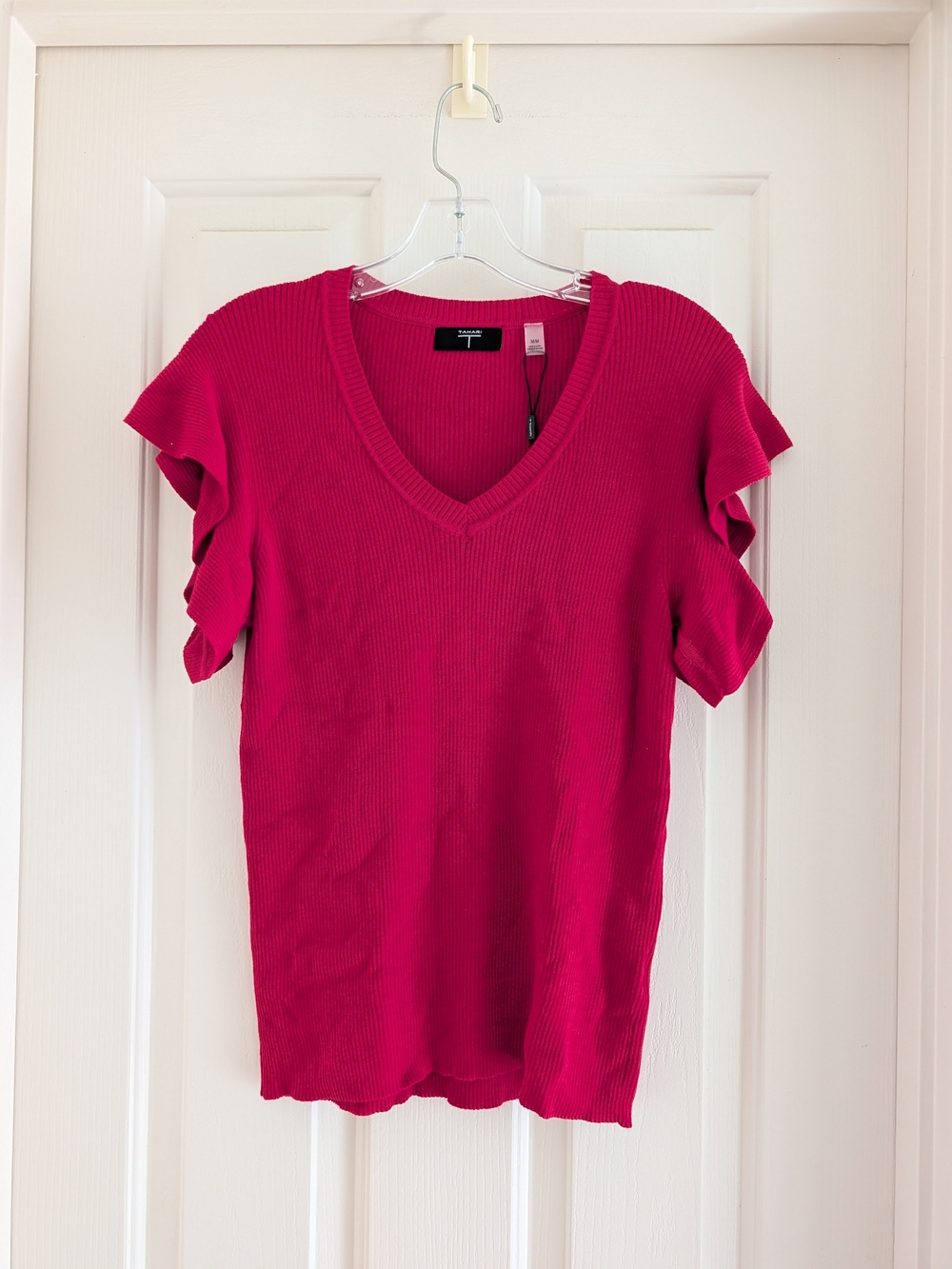 Tahari Bright Fuchsia V-Neck Ruffle Sleeve Top